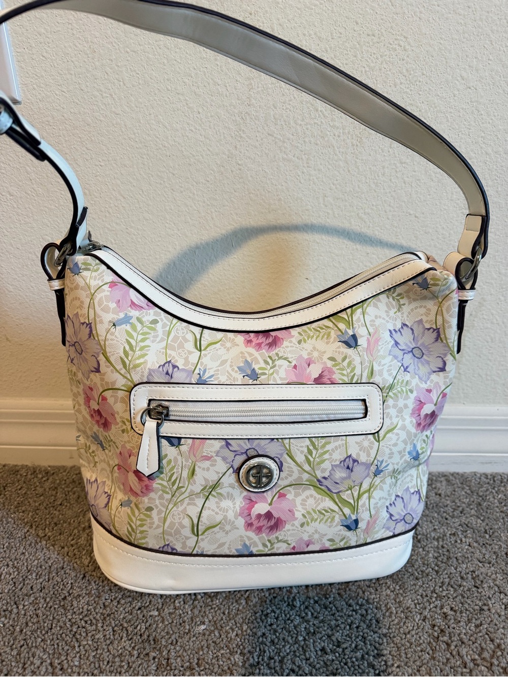 Gianni Bini White Floral Leather Shoulder Bag